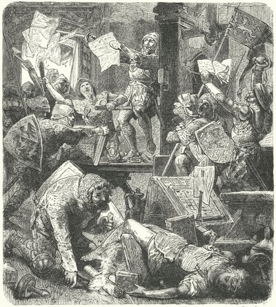 Zničení tiskařské dílny Petera Schoffera během útoku na Mohuč vojáky Adolfa II. z Nassau od Hermann Vogel
