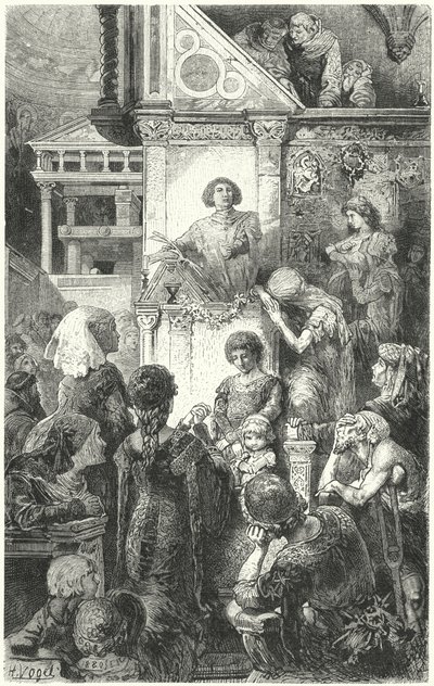 Giovanni Boccaccio recituje Dantesovu božskou komedii lidem ve Florencii, 14. století od Hermann Vogel