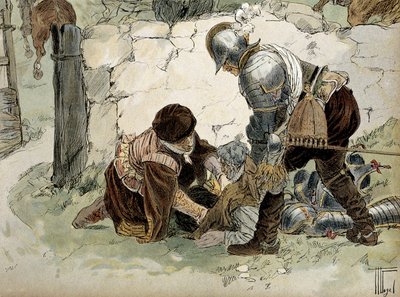Henri IV (1553-1610) zraněný během průzkumu v Aumale proti armádě Mayenne. Ilustrace Hermann Vogel (1856-1918) v „“ Henri IV““ od Hermann Vogel
