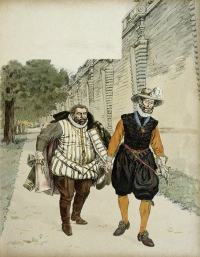 Jindřich IV (1553-1610) a Charles de Lorraine, vévoda z Mayenne (1554-1611). První usmiřovací rozhovor mezi dvěma nepřáteli, Mayennem, vůdcem legueurs a králem, v zahradách Chateau de Montceaux, v Brie, v roce 1596. Ilustrace od Hermann Vogel