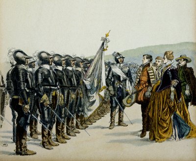 Johanka z Albretu nebo Johanka III z Albretu (1528-1572) a její syn Jindřich IV (1553-1610) před svými protestantskými vojsky. Ilustrace Hermann Vogel (1856-1918) v „“ Henri IV““ od Hermann Vogel