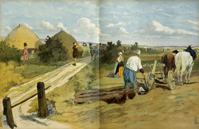 Rolníci viděli průchod nájezdníků a lupičů zajatých královskou armádou Jindřicha IV. (1553-1610). Ilustrace od Hermann Vogel