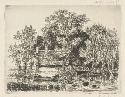 Výhled na řeku s člunem a kachnami od Hermanus Jan Hendrik van Rijkelijkhuysen