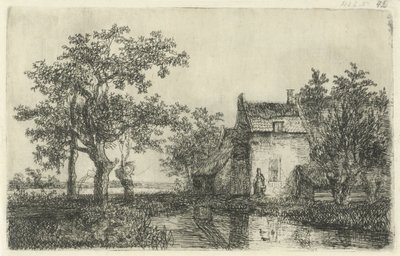 Žena s košíkem před statkem na vodě od Hermanus Jan Hendrik van Rijkelijkhuysen