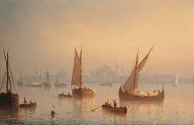 Plavidla na Bosporu, mešita Hagia Sophia za ním (olej na panelu) od Herminie or Henriette (fl.1849 53) Gudin