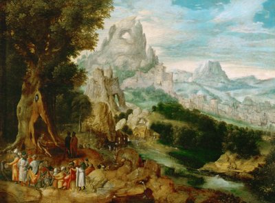 Paysage avec Saint Jean Baptiste prechant - Krajina s kázáním svatého Jana Křtitele, od Herri met de Bles (Henri Bles) (1510-1550). Olej na dřevě, cca 1535-1540. Rozměr: 29 x 39 cm. Uměleckohistorické muzeum, Vienne od Herri met de (c.1510-p.1550) Bles