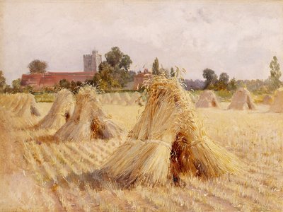 Corn Stooks od Bray Church, 1872 (olej na papíře položeném na palubě) od Heywood Hardy