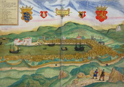 Mapa Bergenu, z „Civitates Orbis Terrarum“ od Georga Braua (1541-1622) a Franze Hogenberga (1535-90) kolem 1571-1600 od Hieronymous Scholeus