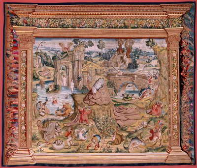 Vlámský gobelín. Série Čtyři gobelíny podle Hieronyma Bosche. Svatý Antonín v modlitbě (San Antonio en oración). Druhá tapisérie v sérii. Model Inspirován dílem Hieronyma Bosche. Výroba neznámá dílna, Brusel. Před rokem 1560. Fabric Go od Hieronymus (after) Bosch