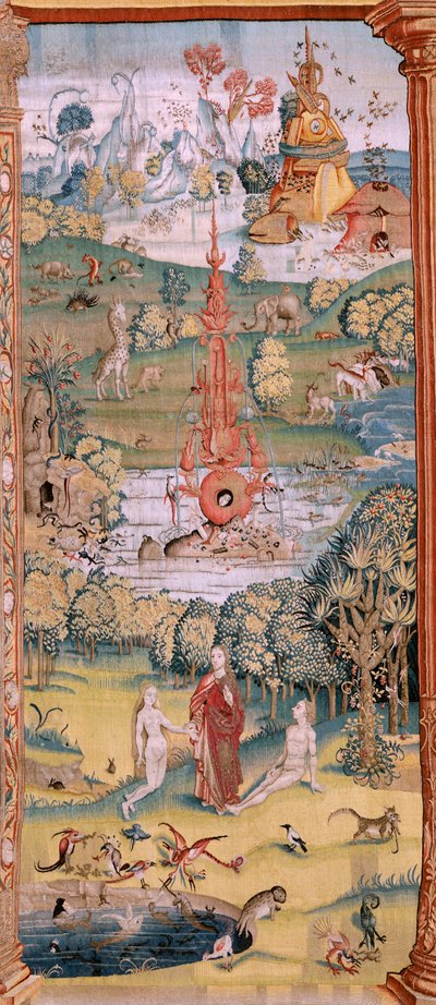 Vlámský gobelín. Série Čtyři gobelíny podle Hieronyma Bosche. Zahrada pozemských rozkoší (Jardín de las Delicias). Čtvrtá tapisérie v sérii. Model Inspirován dílem Hieronyma Bosche. Výroba neznámá dílna, Brusel. Před 1560. Fa od Hieronymus (after) Bosch