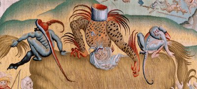 Vlámský gobelín. Série Čtyři gobelíny podle Hieronyma Bosche. Soužení lidského života (Tribulaciones de la vida humana). Třetí tapisérie v sérii. Model Inspirován dílem Hieronyma Bosche. Výroba neznámá dílna, Brusel. Před rokem 1560 od Hieronymus (after) Bosch