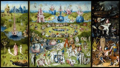 ""Zahrada pozemských rozkoší"" Levý panel: stvoření Adama a Evy. Centrální panel: milovníci vychutnávající ovoce. Pravý panel: peklo. Tryptych Hieronyma Van Aekena (Aken) známého jako Jerome Bosch (1450-1516) od Hieronymus Bosch