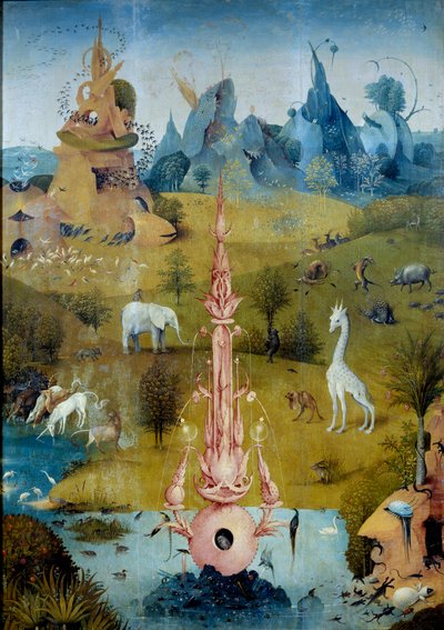 Ráj La Fontaine. Detail levé části triptychu „Zahrada lahůdek“ od Hieronyma Van Akena (Aken) dit Jerome Bosch (1450-1516) od Hieronymus Bosch