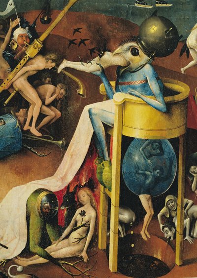 The Garden of Earthly Delights: Hell, pravé křídlo triptychu, detail modrého ptačího muže na stoličce, cca 1500 (detail 3425) od Hieronymus Bosch