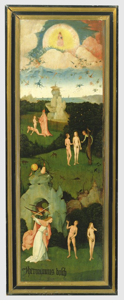 The Haywain: levé křídlo triptychu zobrazující rajskou zahradu, cca 1500 (panel) od Hieronymus Bosch