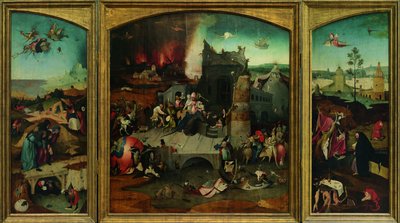 Pokušení svatého Antonína. Reprodukce ve vysokém rozlišení z projektu Google Art Project. Levý horní roh musel být převzorkován od Hieronymus Bosch