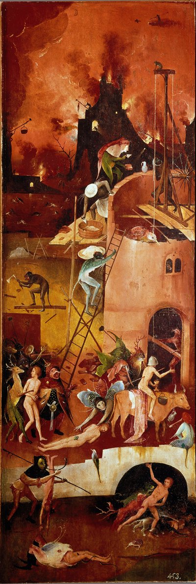 Senný tryptik: pekelné stavby. Pravý vnitřní panel. Malba na dřevě od Hieronyma Van Aekena (Aken) dit Jerome Bosch (1450-1516) 1500-1502 Rozm. 140x232 cm Real Monasterio de El Escorial, El Escorial, Španělsko od Hieronymus Bosch