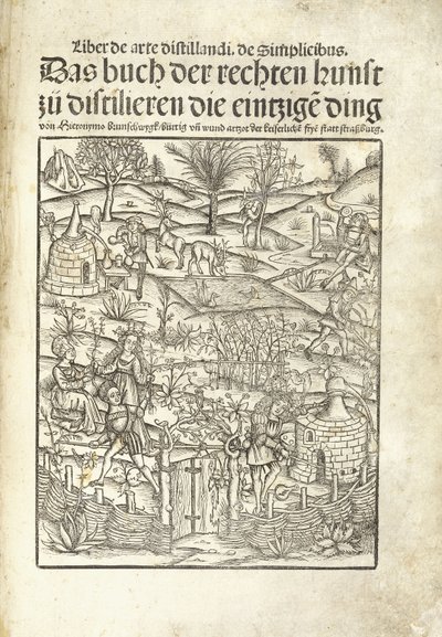 Titulní strana, ilustrující bylinné lihovary s postavami v krajině od Hieronymus Brunschwig