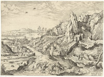 Abraham a Izák na cestě na místo oběti Krajiny s biblickými a mytologickými scénami (název série) od Hieronymus Cock