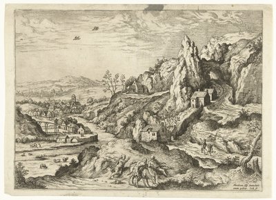 Abraham a Izák na cestě na místo oběti Krajiny s biblickými a mytologickými scénami (název série) od Hieronymus Cock