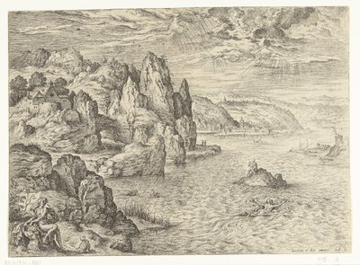 Pobřežní krajina s Hero a Leander Hrdina a Leander Krajiny s biblickými a mytologickými scénami (název série) od Hieronymus Cock