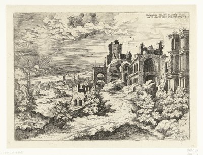 Pohled na Palatine Hill s východem slunce Rvinarvm palatii maioris (...) (název na objektu) Římské ruiny (název série) od Hieronymus Cock