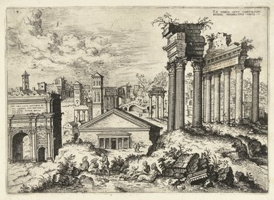 Pohled na Forum Romanum z Kapitolu Ex variis, apvd capitolvm rvinis (...) (název na objektu) Římské ruiny (název série) od Hieronymus Cock