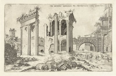 Gezicht op het Forum van Nerva Ex incertis qvibvsdam Ro Antiqvitatis Rvinis (...) (název na předmětu) Římské ruiny (název série) od Hieronymus Cock