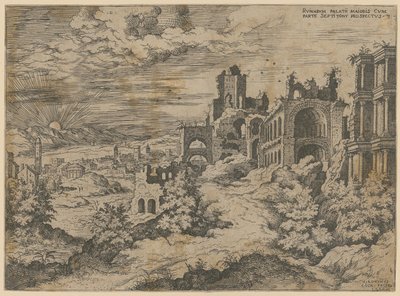 Zříceniny Palatina s panoramatickým výhledem na krajinu, list 3 ze série „Praecipua aliquot Romanae Antiquitatis Ruinarum Monimenta [...]“ od Hieronymus Cock