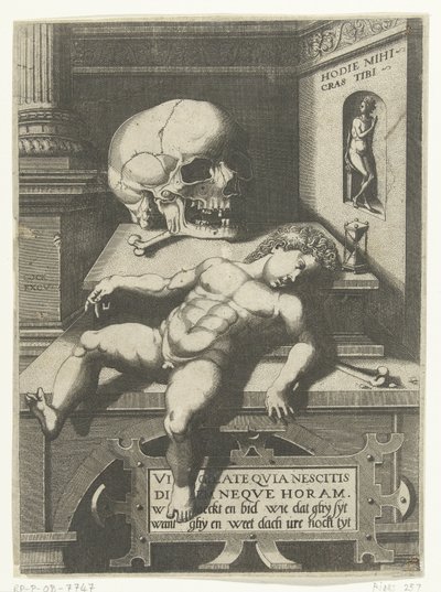 Představení Vanitas s dítětem a lebkou (Hodi mihi kras tibi / Dnes já, zítra ty) od Hieronymus Cock