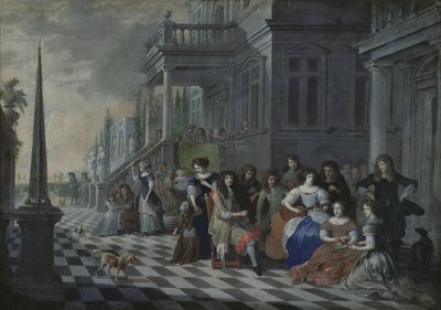 Postavy tvořící hudbu před palácem, 1672 od Hieronymus Janssens