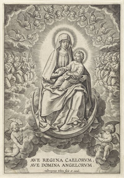Marie s Ježíškem na půlměsíci Ave Regina Caelorum, Ave Domina Angelorvm (titul na objektu) od Hieronymus Wierix