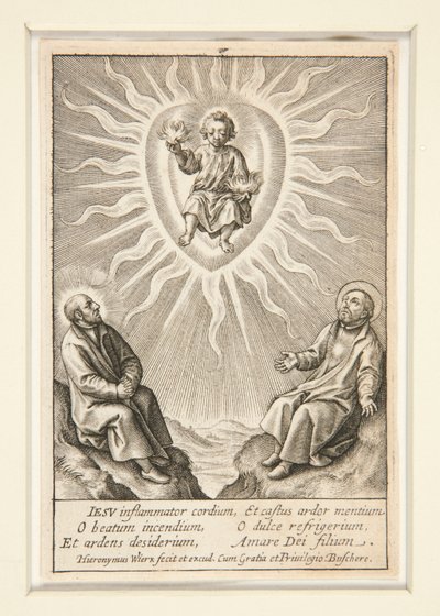 Dítě s planoucím srdcem mezi Ignácem z Loyoly a Františkem Xaverským od Hieronymus Wierix