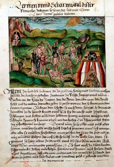 Venezuelané útočící na španělské conquistadory, 16. století od Hieronyouse Koler