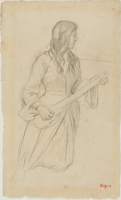 Mladá žena hrající na mandolínu, studie k portrétu slečny Fiocre v baletu "La Source" od Hilaire Germain Edgar Degas