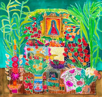 Svatyně, Den mrtvých, Oaxaca, 2023 (barvy na hedvábí) od Hilary Simon