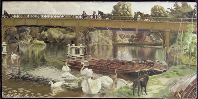 Swans, Cookham Bridge (olej na plátně) od Hilda Carline