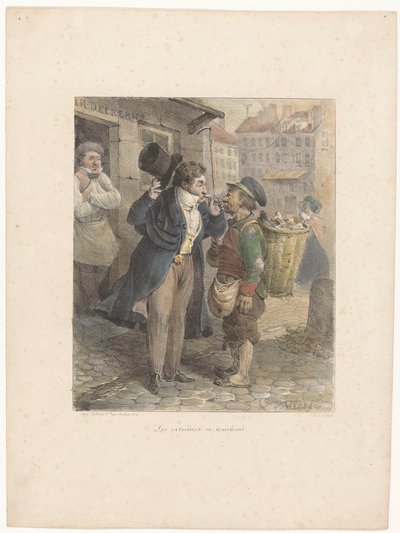 Dobře oblečený pán si zapaluje doutník z dýmky dělníka v hadrech Les extrêmes se touchent (nadpis na objektu) Litografické skici (název série) Croquis lithographiques (název série na předmětu) od Hippolyte Bellange