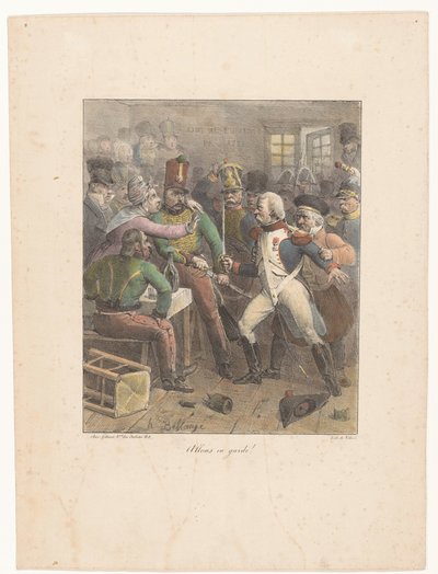 Dva vojáci zkříží meče v hospodě Allons ve střehu! (název na objektu) Litografické skici (název série) Croquis lithographiques (název série) od Hippolyte Bellange