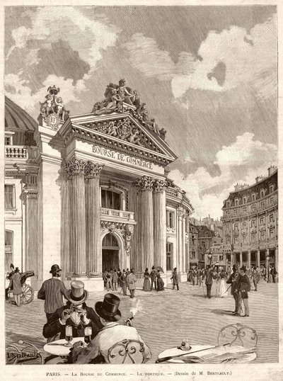 Burza cenných papírů v Paříži v roce 1889. Kresba M. Berteault od Hippolyte Berteaux
