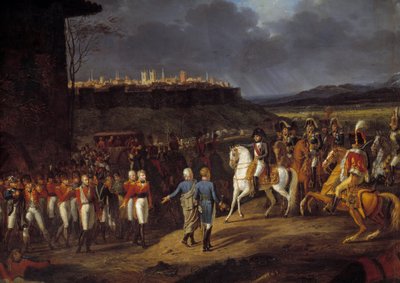 Španělské tažení: „“ Císař Napoleon I. byl představen ve španělské Astorze anglickým zajatcům a nařídil jim, aby se s nimi zacházelo se zvláštní péčí, leden 1809“ Detail. Obraz od Hippolyte Lecomta (1781-1857) 1810 Sun. 1,13x1,52 m od Hippolyte Lecomte