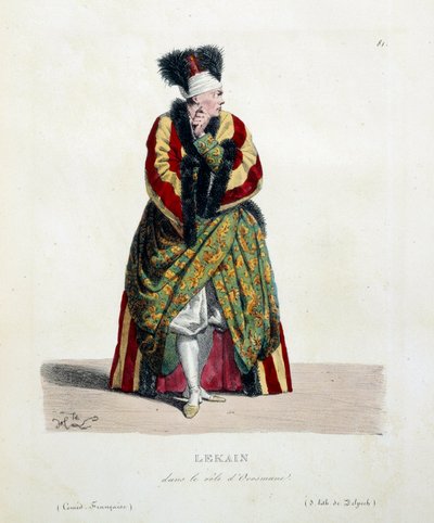 Francouzský herec Henri Louis Cain zvaný Lekain nebo Le Kain (1729-1778) v roli Orosmanea ve Voltairově hře Zair (1694-1746) ve Francouzské komedii. Litografie od Hippolyte Lecomta (1781-1857) Soukromá sbírka z 19. století od Hippolyte Lecomte