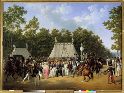 Král Ludvík XVIII (1755-1824) přijímá Marii Caroline Fernande Louise z Neapole, budoucí vévodkyni z Berry, v lese Fontainebleau, u kříže Saint-Herem od Hippolyte Lecomte