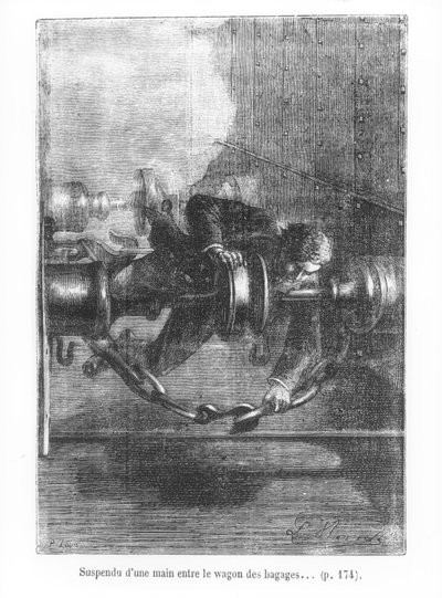 Visí na jedné ruce mezi zavazadlovým vozem, ilustrace z „Cesta kolem světa za osmdesát dní“ od Julese Verna (1828-1905), vyryla P. Louis, 1873 od Hippolyte Leon Benett