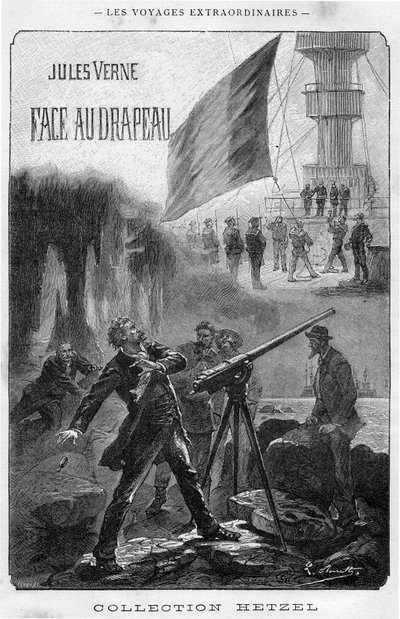 Ilustrace knihy „Face au Drapeau“ od Julese Verna, frontispis Hetzelovo vydání - Les voyages mimořádné 1896 (rytina) od Hippolyte Leon Benett