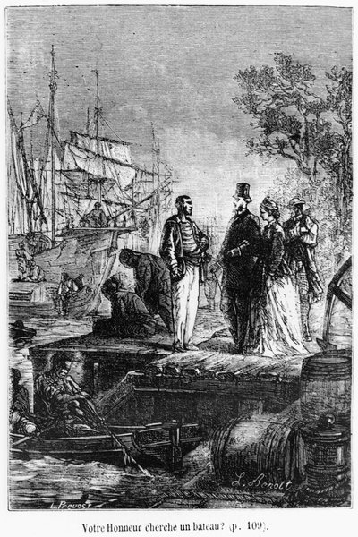 Hledá Vaše Ctihodnost loď, ilustrace z knihy Julese Verna (1828-1905) "Cesta kolem světa za osmdesát dní", konec 19. století od Hippolyte Leon Benett