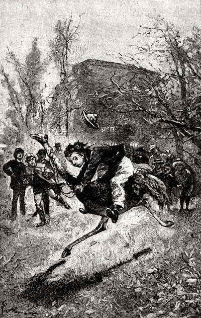 Mladý Servis jede na pštrosovi. Rytina od Hippolyte Leon Benett