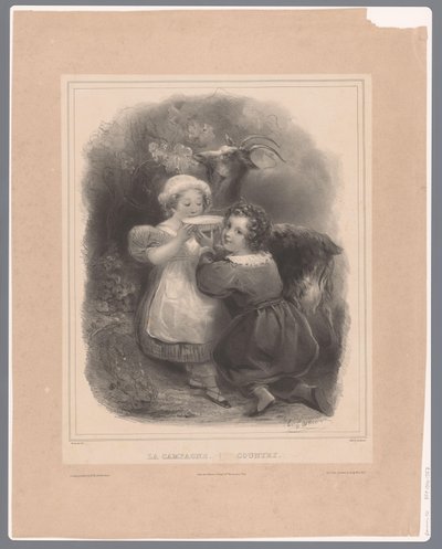 Dvě děti s kozou pijí kozí mléko La Campagne / Země (název na objektu) od Hippolyte Louis Garnier