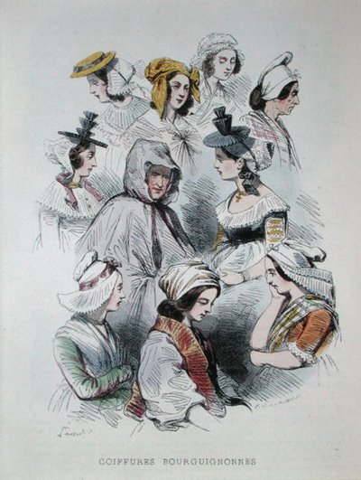 Pokrývky hlavy burgundských rolníků z knihy „Les Francais peints par lui-mes“ od Hippolyte Louis and Polydore Pauquet