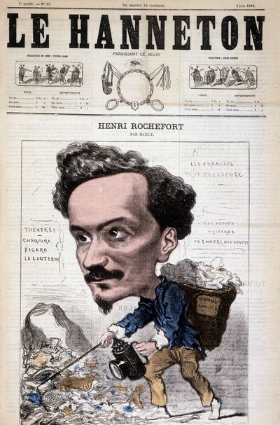 Cartoon Henri Rochefort (1831-1913), francouzský novinář, spisovatel a politik. V Le Hanneton, 4. června od Hippolyte Mailly